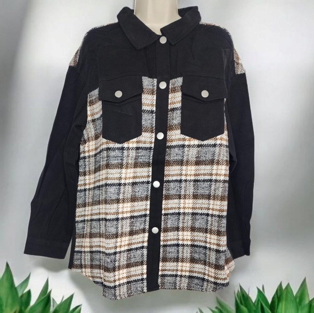 NEW‼️Oversized Black and Brown Plaid Button Down Shirt Size S - Picture 4 of 7
